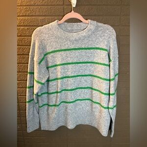 aerie Gray Crewneck Sweater with Green Stripes (oversized- fits up to large)